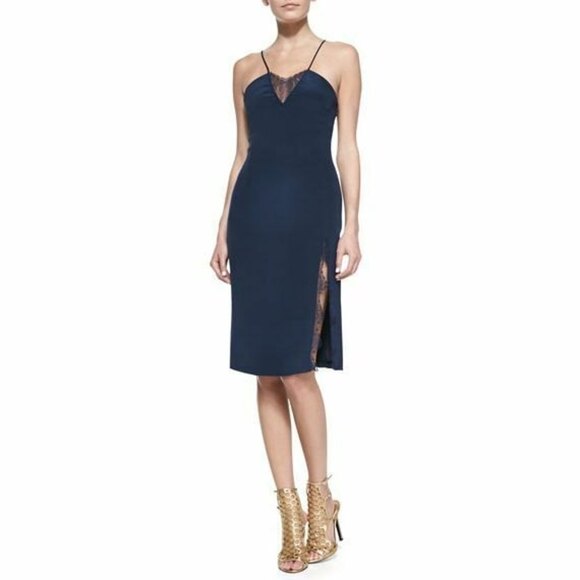 Tamara Mellon Lace-Insert Spaghetti Strap Navy Blue Silk Slip Mini Dress Size 2 - Picture 11 of 12